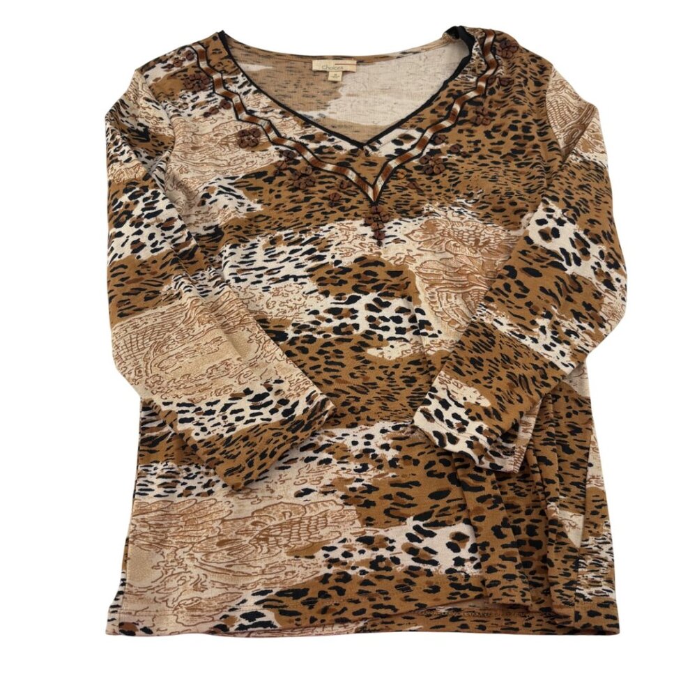 Choices Womens Animal‎ Print V-Neck Tunic Top Size M 100% Cotton Long Sleeve